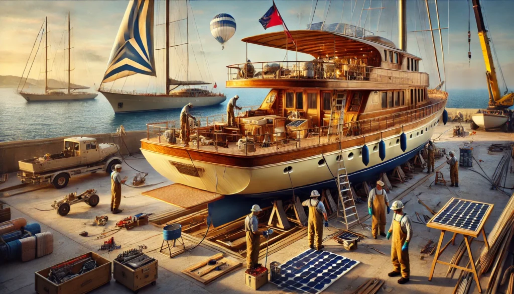 A luxurious yacht undergoing renovation, showing a mix of traditional craftsmanship and modern technology. The scene includes a classic wooden yacht w