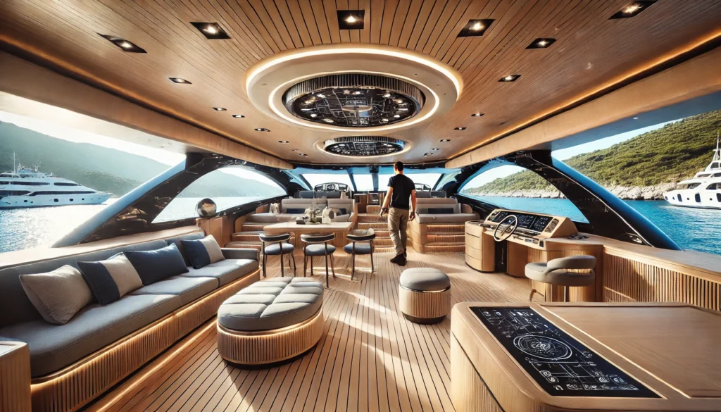  An elegant yacht in the midst of a complete renovation at a high-end shipyard, with a focus on the transformation of the interior. The interior featur